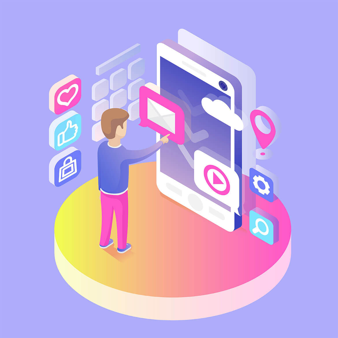 Isometric illustration of a person interacting with a giant smartphone. Floating icons representing various functions such as heart, thumbs-up, envelope, play button, lock, settings gear, and magnifying glass surround the phone. The background is purple—perfect for showcasing services from the best marketing agency in India. Isometric illustration of a person interacting with a giant smartphone. Floating icons representing various functions such as heart, thumbs-up, envelope, play button, lock, settings gear, and magnifying glass surround the phone. The background is purple—perfect for showcasing services from the best marketing agency in India.